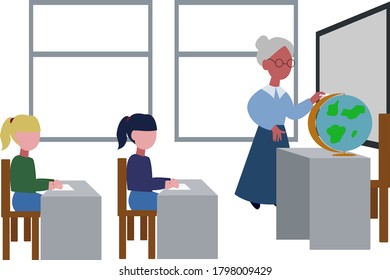An elderly teacher teaches classes at school. A lesson at school, students sit in the classroom at their desks. Traditional schooling. The teacher writes with chalk on the blackboard. School lesson