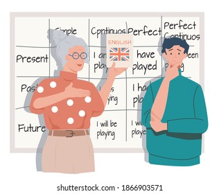 elderly teacher teaching english on the background of the school board holding a book with a flag english in hand young guy student listening, flat vector illustration