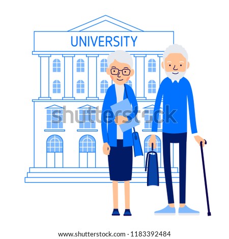 Elderly teachers stand on background of University building. Education workers. Illustration of people characters isolated on white background in flat style.