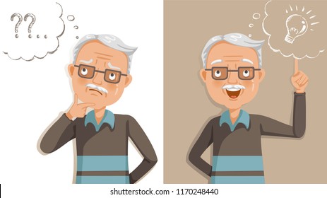 elderly thinking. Emotions and gestures. Think not, do not understand, Think out. Concept learning of brain and alzheimer's disease of elderly. Cartoon illustrations vector. The contradictory emotions