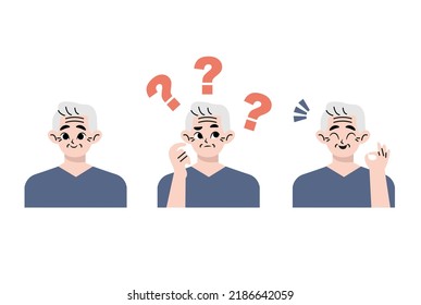 Elderly thinking. Emotions and gestures. Think not, do not understand, Think out. Concept learning of brain and alzheimer's disease of elderly. The contradictory emotions. Flat drawn style vector