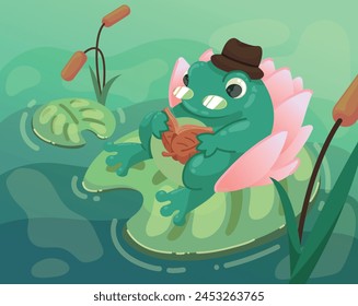 elderly toad reading a book sitting on a lily pad