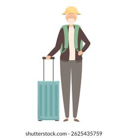 Elderly tourist with backpack standing with suitcase is ready for vacation