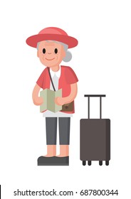 Elderly tourist. Grandmother with suitcases is traveling. Standing senior woman. Isolated vector illustration in a flat style.