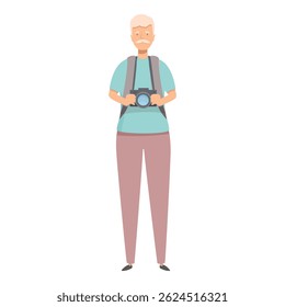 Elderly tourist is holding a camera, ready to capture the beauty of his surroundings