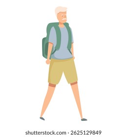 Elderly tourist is walking with a backpack, enjoying his vacation trip