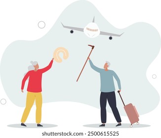 Elderly tourists concept. Grandfather with suitcase and grandmother. Travelers and tourists. Holidays and vacations in tropical countries.flat design with people.