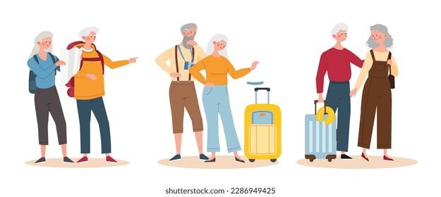 Elderly tourists set. Collection of grandparents with briefcase, suitcase and map. Trips, journey and travel. Holiday and vacation. Cartoon flat vector illustrations isolated on white background