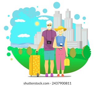 Elderly travelers cartoon characters with luggage bags enjoying trip in foreign country vector illustration. Senior family couple traveling abroad exploring city sightseeing background