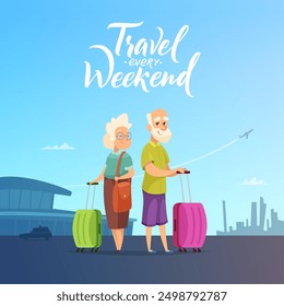 elderly travellers. male and female characters with luggage world exploration concept illustration