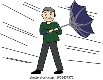 The elderly man’s umbrella get blown inside out in a strong wind