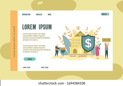 Elderly Unemployed Man Get Money from Pension Fund. Information, Contact and More on Site for Retired People who Save Money in Pension Fund. Icon over Building with Credit Card and Dollar.