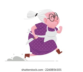 An elderly village lady is running and holding a knife. Gray-haired grandmother's pig slaughter in the countryside. Baking preparation in a chef apron, a gastronomic experience. Cute granny character