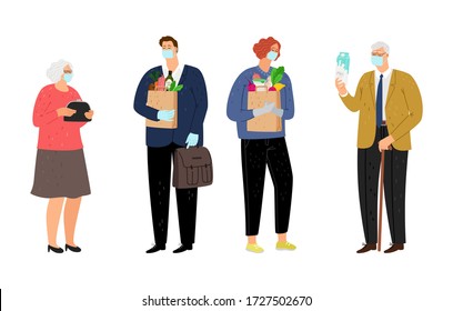 Elderly and volunteers. Young woman man with food for old people. Grandparents waiting social help, isolated flat diffirent generations characters vector illustration