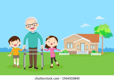 Elderly walking with house background. Grandchild helps grandfather to go to the walker. Kids Caring for the elderly. Children and old patients. boy and girl  help grandfather to go to the walker 