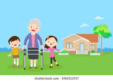 Elderly walking with house background. Grandchild helps grandmother to go to the walker. Kids Caring for the elderly. Children and old patients. boy and girl  help grandmother to go to the walker 