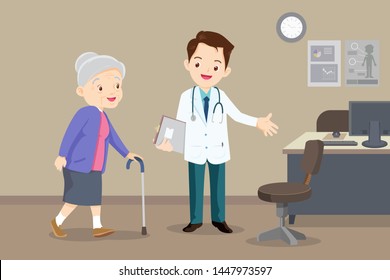 Elderly  walking.Doctor helps  grandmother to go to the walker. Caring for the elderly.doctor and old patient