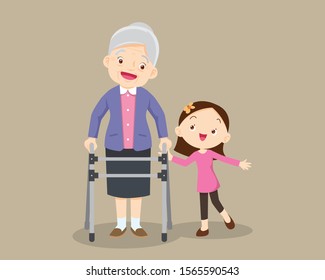 Elderly walking.granddaughter helps grandmother to go to the walker.Kids Caring for the elderly.Childern and old patient.granddaughter helps her grandmother to go to the walker