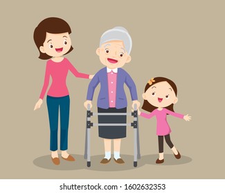 Elderly walking.granddaughterand mom help grandmother to go to the walker.Kids and mom Caring for the elderly.Childern and old patient.granddaughter helps her grandmother to go to the walker