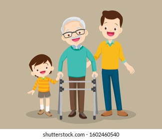 Elderly walking.Grandson and dad help grandfather to go to the walker.Kids and dad Caring for the elderly.Childern and old patient.Grandson helps him grandfather to go to the walker