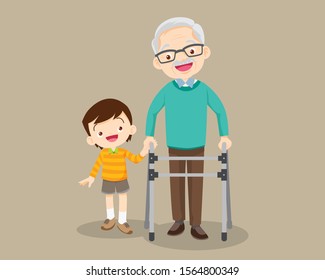 Elderly walking.Grandson helps grandfather to go to the walker.Kids Caring for the elderly.Childern and old patient.Grandson helps him grandfather to go to the walker