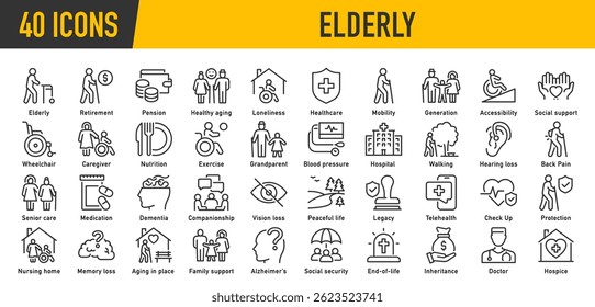 Elderly web icons in line style editable stroke. Care, pension, senior, grandparents, wheelchair, doctor, alzheimer, caregiver, retirement, collection. Vector illustration.