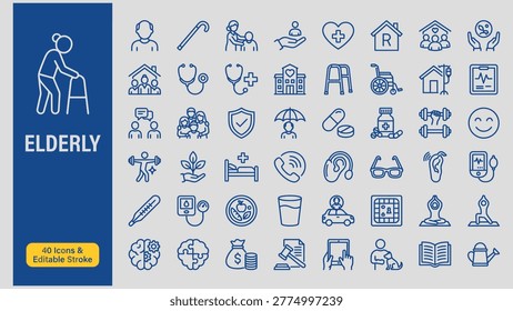 Elderly web icons in line style. Editable stroke. Care, pension, senior, grandparents, wheelchair, doctor, memory care, caregiver, retirement, collection - stock graphic.