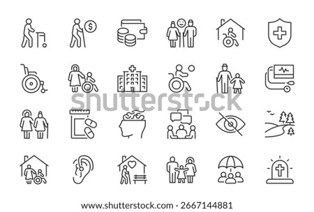 Elderly web icons in line style editable stroke. Care, pension, senior, grandparents, wheelchair, doctor, alzheimer, caregiver, retirement, collection. Vector illustration.