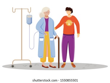 Elderly welfare flat vector illustration. Happy volunteer and old woman isolated cartoon characters on white background. Young son taking care of aged mother. Family support, medical help work concept