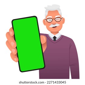 An elderly white man in glasses shows the screen of his smartphone, close-up. Advertising of a mobile application or services, promotion of an application or website. Vector illustration isolated