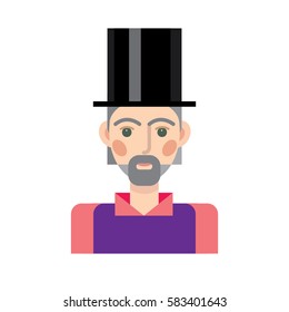 An elderly white-haired man in a top hat and weird clothes, he's probably a magician. Flat style. Vector illustration. Character design.