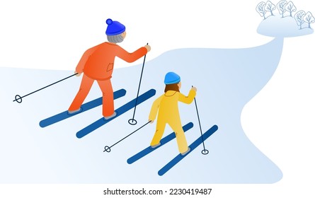 elderly Winter sport. Grandmother and granddaughter. Elderly and child. Vector Illustration. Iandscape. Elements For products, print, packaging, cover, poster, wall art, website design