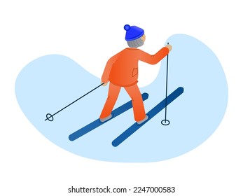 Elderly winter sport web banner template. Vector Illustration. Pensioner skiing in winter. Grandmother health. For products, print, packaging, cover, poster, wall art, website design