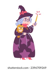 Elderly witch cute character with magic wand and pet owl flat vector illustration isolated on white.