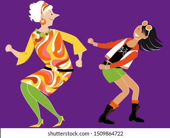 Elderly woman in 1960s outfit dancing the twist with her teenage granddaughter, EPS 8 vector illustration