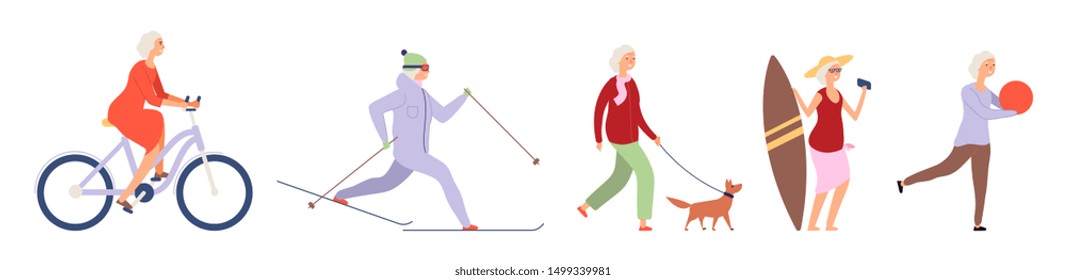 Elderly woman. Active flat happy elderly woman character. Vector female set