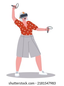 An elderly woman is actively playing a virtual game in virtual reality glasses. Grandmother uses augmented reality technology. Stylish flat vector illustration, eps10