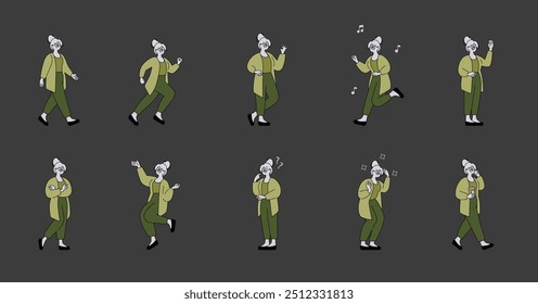 Elderly Woman Activities set. A collection depicting various moods and movements of a senior female character. Joy, confusion, dance, and walk captured in vibrant poses. Vector illustration.