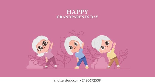 Elderly woman Aerobic Exercise character design set. Cute cartoon chibi character style vector.