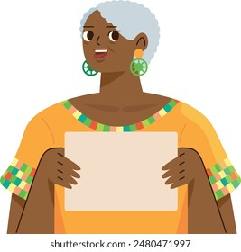 Mujer mayor de origen africano que sostiene un cartel en blanco para ser personalizado con texto, está sonriendo y tiene el pelo gris, lleva una túnica colorida amarilla, hermosos pendientes verdes, Ilustración vectorial