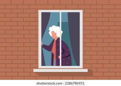 Elderly woman alone, sad elderly female character looking out window of her house. Unhappy or sad grandmother feels lonely, suffering from depression. Cartoon flat vector concept