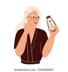 Elderly woman Apply SPF protective cream.Old Female face caring routine.Sunscreen Products Sunblocks.Anti-UV Cream,Lotions.Aged Woman use Skin protection.Flat Vector illustration on white background
