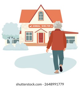 Elderly woman approaching animal shelter with trees and house in the background vector