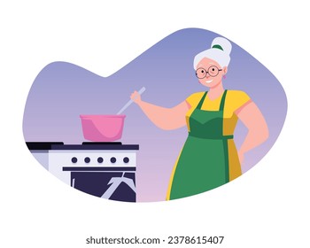 Elderly woman in apron cooking jam in pan on the stove. Grandmother making homemade fruit or berry jam dessert. Vector isolated illustration preparing food