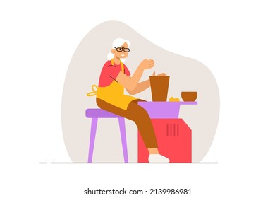 Elderly Woman In Apron Creating Pottery On Potters Wheel In Studio. Workshop, Creative Hobby And Art Therapy Concept. Modern Flat Vector Illustration