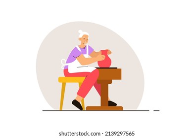 Elderly Woman In Apron Creating Vase On Potters Wheel In Studio. Workshop, Creative Hobby And Art Therapy Concept. Modern Flat Vector Illustration