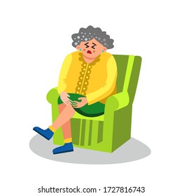 Elderly Woman With Arthritis Sit In Chair Vector. Sad Mature Lady Suffering From Painful Knee Joint Seated In Armchair. Disease And Problem With Health, Leg Pain Flat Cartoon Illustration