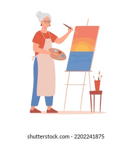 An elderly woman artist draws a picture at the easel. Pensioner painting a landscape Sunset in watercolor and oil. Brushes and palette in the hands of artist, creativity, hobby. Vector illustration