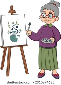 An elderly woman artist draws a picture at the easel. Pensioner painting a landscape Sunset in watercolor and oil. Brushes and palette in the hands of artist, creativity, hobby. Vector illustration