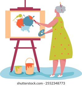 Elderly woman artist painting colorful abstract picture on canvas using paintbrush and palette, enjoying creative hobby at home or in art studio